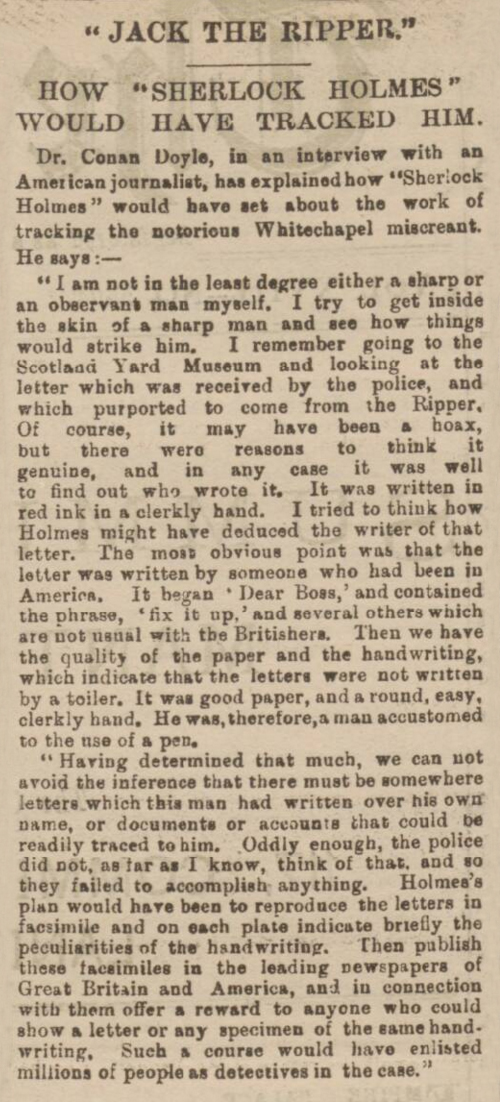 Newspaper article written by Arthur Conan Doyle about Jack the Ripper